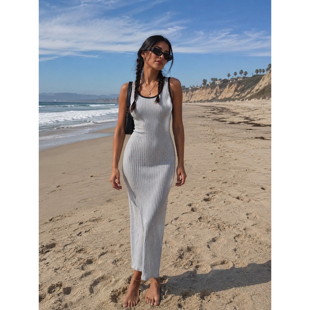 Womens M Grey Ribbed Ringer Midi Dress Sleeveless Bodycon y2k coquette 90s